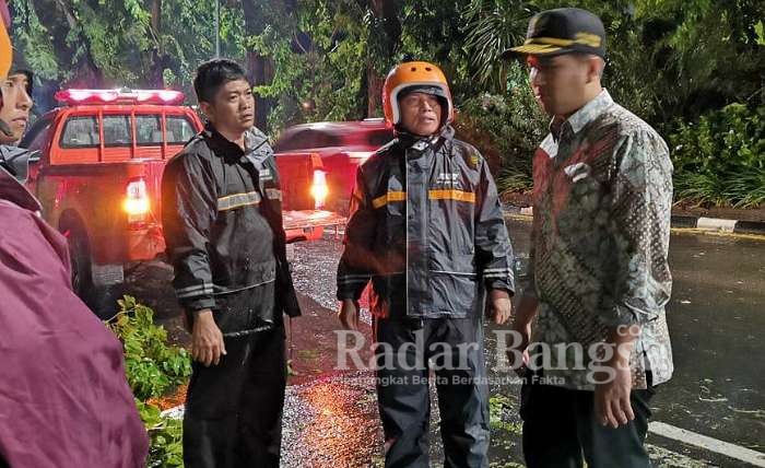 (kiri) Wagub Jatim, Emil Elestianto Dardak, saat meninjauan salah satu ruas jalan di Surabaya yang mengalami kerusakan, pohon tumbang di sisi Jl. A.Yani.