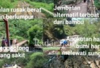  Kondisi infrastruktur jalan rusak berat dan berlumpur, jembatan alternatif terbuat dari bambu menuju desa Gelarpawitan hari ini jum'at (29/10/2021) butuh pembangunan segera