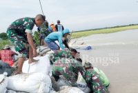 Kodim 0813 Bojonegoro, Jawa Timur, bersama elemen masyarakat, pemdes  melaksanakan karya bakti memperbaiki tanggul Kali Ingas (IST)