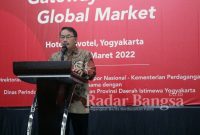 Direktur Jenderal Pengembangan Ekspor Nasional Kementerian Perdagangan Didi Sumedi dalam sosialisaai Program Good Design Indonesia (GDI) ke-6 dengan tema “Gateway towards Global Markets”, secara hibrida, Selasa (1/3) di Yogyakarta.