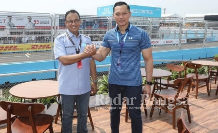 Ketua Umum DPP Partai Demokrat Agus Harimurti Yudhoyono (AHY) disambut Gubernur DKI Anies Baswedan saat mengikuti pertandingan Formula E yang digelar di Ancol,Jakarta Utara, pagi tadi, Jumat (4/6/2022) (Dok Foto IST)