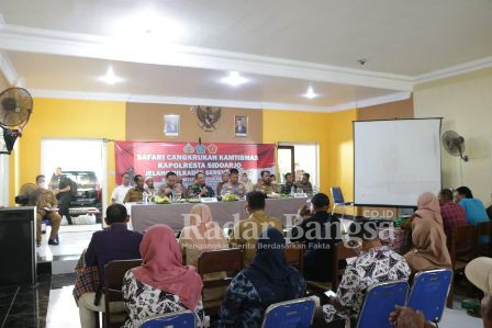 Kapolresta Sidoarjo Kombes Pol. Kusumo Wahyu Bintoro bersama Dandim 0816 Sidoarjo Letkol Inf Masarum Djati Laksono  acara Cangkrukan Kamtibmas Pilkades di Kecamatan Tanggulangin, bertempat di Balai Desa Gempolsari, Senin (6/6/2022) (Dok Foto HMS)