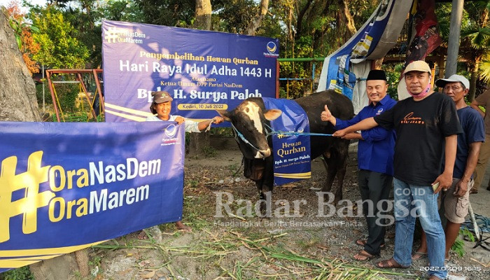 Pak Lutfi bersama Kades Sebet dan Takmir Mushola Al-Ihsan Desa Sebet saat menerima sapi kurban dari Ketua Umum Partai NasDem, H. Surya Paloh 