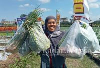 Sri Wahyuni, warga asal desa Wonokerto Kecamatan Tekung, saat berbelanja sayuran di kegiatan hari kedua Gerbas Tani, Minggu (24/7/2022)