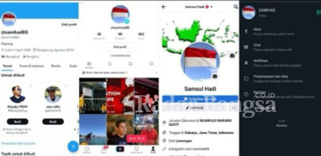 Tangkapan layar semua akun medsos pribadi Samsul Hadi mengunakan foto profil dengan bergambar bendera Merah Putih (IST)