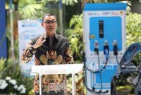 Direktur Utama PLN Darmawan Prasodjo dalam acara peresmian SPKLU Brilian 1 di Kantor Pusat BRI, Jakarta (25/10/2022).
