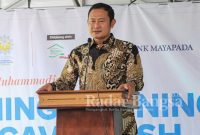 Bupati Lamongan Yuhronur Efendi saat menghadiri launching ripening pisang Cavendish jamaah tani Muhammadiyah (Jatam) Lamongan. (IST)
