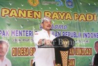 Menteri Pertanian Republik Indonesia Syahrul Yasin Limpo saat melakukan panen raya padi di Desa Sumberaji Kecamatan Sukodadi Lamongan. Rabu (15/2)  (Dok foto pemkab Lamongan for RadarBangsa.co.id)