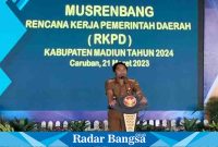 Musrenbang dalam rangka penyusunan rencana kerja pembangunan daerah (RKPD) tahun 2024,
bertempat di pendopo Ronggo Jumeno, Caruban kab. Madiun, Selasa(21/3/2023). (Dok foto Wito)