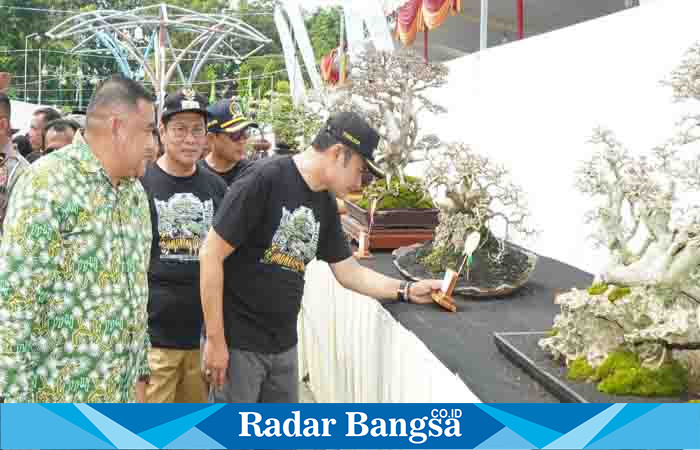  Bupati lamongan Yuhronur Efendi, saat melihat kontes bonsai di Alun-Alun Lamongan, Selasa (9/5).