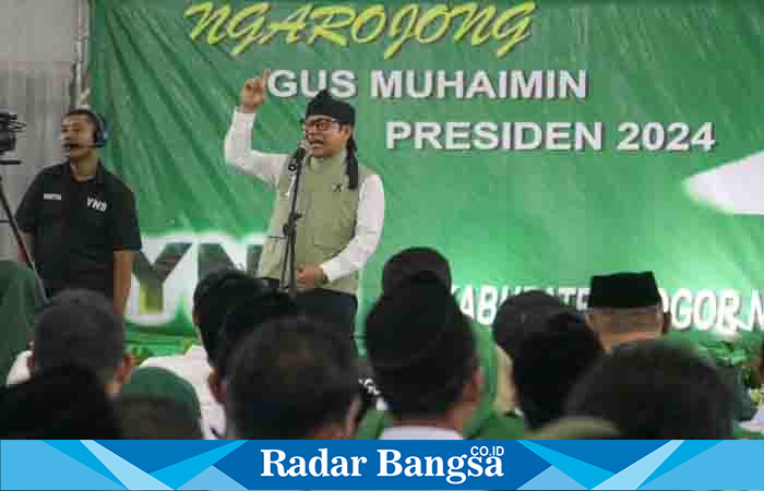  Gus Imin di sela acara Deklarasi Ngarojong Gus Muhaimin Presiden 2024 di Kabupaten Bogor, Jawa Barat, Kamis (10/8/2023).