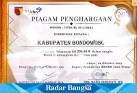 Kabupaten Bondowoso mendapatkan penghargaan sebagai Kabupaten dengan capaian tertinggi pelayanan KB di Jawa Timur, Rabu ( 6/12/2023).