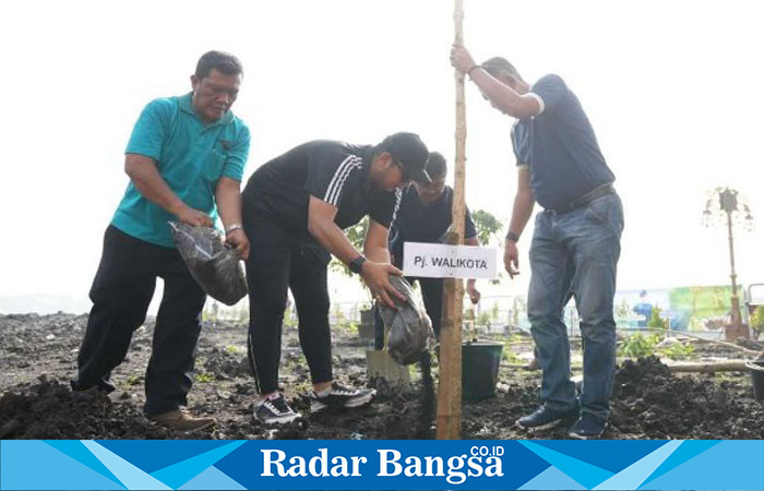 Pj. Wali Kota Mojokerto, Moh. Ali Kuncoro, bersama Aparatur Sipil Negara (ASN) Pemkot Mojokerto, saat melaksanakan penanaman pohon tabebuya di area kolam retensi, Kelurahan Kedundung, Kecamatan Magersari, pada Jum'at (12/1/2024). (IST)