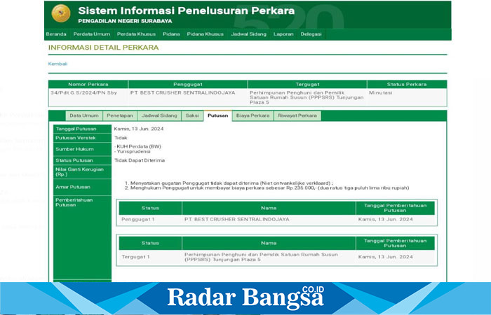 Amar putusan perkara perdata GS antara PT. Best Crusher Sentralindojaya melawan P3SRS Pakuwon Center (tangkapan layar SIPP PN Surabaya)