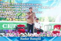 Pak Yes saat sambutan pada acara Gebyar dan Pelantikan Pengurus Genta Pangan Se-Jawa Timur di  Desa Bakalanpule, Kecamatan Tikung, Kabupaten Lamongan, Sabtu (10/8/2024). (IST)