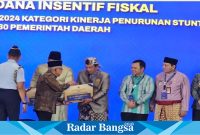 Wakil Presiden Republik Indonesia, Ma'ruf Amin, Ketua Pengarah Tim Percepatan Penurunan Stunting menyeerahkan langsung kepada Wakil Bupati Lamongan, Abdul Rouf, pada Rapat Koordinasi Nasional (Rakornas) Percepatan Penurunan Stunting 2024, yang berlangsung pada Rabu (4/9) di Grand Sahid Jaya, Jakarta.