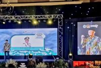 Pj Bupati Bangkalan, Arief M Edie, saat menyampaikan sambutan pada acara puncak grand final pemilihan duta wisata Kacong Jebbing 