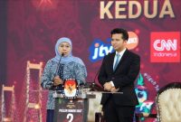 Pasangan calon gubernur dan wakil gubernur Jawa Timur nomor urut 2, Khofifah Indar Parawansa dan Emil Elestianto Dardak saat debat publik Pilkada Jawa Timur 2024 di Grand City, Minggu malam (3/11/2024).(IST)