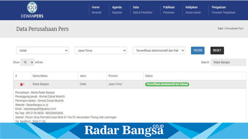 Makin Mantab ! Media Radar Bangsa Terverifikasi Administrasi dan Faktual Dewan Pers