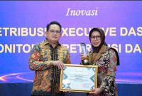 Pj. Gubernur Jatim Adhy Karyono  saat menyeraha penghargaan kepada  Sekretaris Daerah Kabupaten Sidoarjo, Fenny Apridawati di acara yang digelar di Mercure Grand Mirama Surabaya, Rabu (11/12) (IST)
