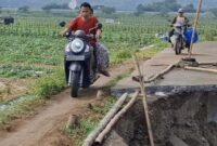 Warga melewati Tangul Ambrol yang Menjadi jalan utama.(RadarBangsa.co.id)