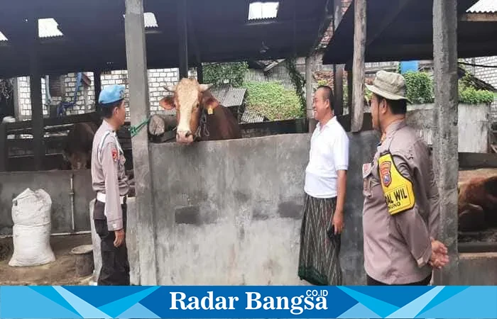 Kapolsek Tikung AKP Anang Purwo Widodo bersama anggota menyambangi peternakan sapi H. Juri di Desa Wonokromo, Lamongan, jelang Idul Qurban (Dok Istimewa)