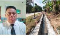 Kepala Desa Dimong, Sudjarwo (kiri), bersama progres pembangunan drainase lingkungan Dusun Kopen RT 13, sebagai bagian dari program prioritas Dana Desa 2025. (Dok Foto Wito)