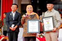 (tengah) Gubernur Jawa Timur Khofifah Indar Parawansa menerima piagam penghargaan dan medali dari Museum Rekor Dunia Indonesia (MURI), Kamis (24/7/2025). Penghargaan diberikan atas rekor penanaman pohon indigofera serentak terbanyak yang dilakukan di 38 kabupaten/kota se-Jatim. Penanaman ini dinilai strategis dalam mendukung ketahanan pangan dan peternakan rakyat. ( Foto Dok Ho/RadarBangsa)
