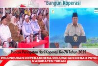Presiden RI Prabowo Subianto menyampaikan sambutan secara virtual dalam peluncuran Koperasi Desa/Kelurahan Merah Putih (KDKMP) dari Kabupaten Tuban, bertepatan dengan puncak peringatan Hari Koperasi ke-78 tahun 2025. Turut hadir Gubernur Jawa Timur Khofifah Indar Parawansa bersama jajaran pejabat Pemprov dan undangan lainnya di lokasi utama KDMP Pucangan, Kecamatan Montong, Kabupaten Tuban.| Foto Dok Ho/RadarBangsa