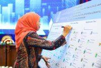 Gubernur Jawa Timur Khofifah Indar Parawansa menandatangani komitmen bersama kepala daerah se-Jatim untuk menciptakan iklim investasi yang inklusif, berkelanjutan, dan bebas premanisme dalam Forum Investasi Jawa Timur di Gedung Negara Grahadi, Surabaya, Selasa (15/7/2025).| Foto Dok Ho/RadarBangsa