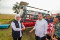 Gubernur Jawa Timur Khofifah Indar Parawansa menyerahkan bantuan alat dan mesin pertanian (alsintan) kepada petani di Desa Sukorejo, Kecamatan Bangsalsari, Jember, Kamis (31/7/2025). (Foto Dok Ho/RadarBangsa)