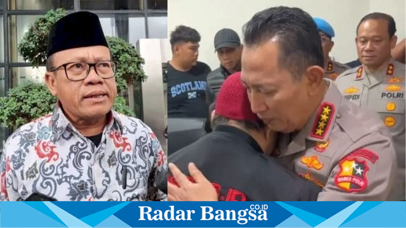 Ketua IPW Sugeng Teguh Santoso (kiri) dan Kapolri Jenderal Listyo Sigit Prabowo saat menyampaikan permintaan maaf kepada keluarga Affan Kurniawan, pengemudi ojol yang tewas terlindas rantis Brimob. (Dok Foto RadarBangsa)