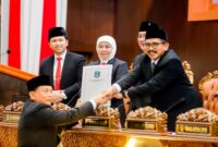 Gubernur Jawa Timur Khofifah Indar Parawansa bersama Wakil Gubernur Emil Elestianto Dardak menyaksikan penyerahan Nota Persetujuan Bersama KUA-PPAS Perubahan APBD 2025 antara pimpinan rapat dan Ketua DPRD Jatim M. Musyafak Rouf dalam Sidang Paripurna di Gedung DPRD Jatim, Senin (11/8/2025). (Foto Dok Ho/RadarBangsa)