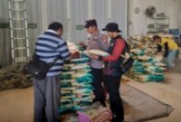 Petugas kepolisian melakukan pengecekan stok beras di gudang PT Subur Makmur Bahagia, Desa Jotosanur, Kecamatan Tikung, Lamongan, Jumat (15/8/2025) (Foto Dok Ho/RadarBangsa.co.id)