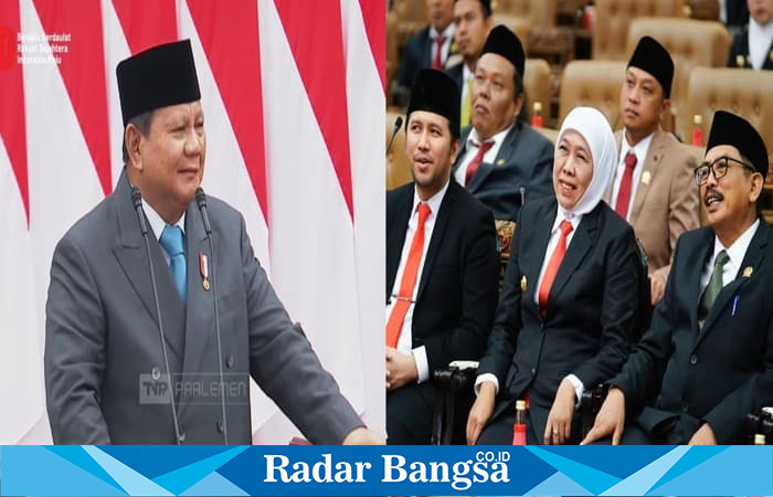 Gubernur Jawa Timur Khofifah Indar Parawansa menyimak pidato kenegaraan Presiden RI Prabowo Subianto pada peringatan HUT ke-80 RI di Gedung DPRD Provinsi Jatim, Jumat (15/8/2025). (Foto Dok Ho/RadarBangsa.co.id)