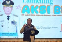 Sekretaris Daerah Kabupaten Lamongan Moh. Nalikan saat memberikan sambutan dalam peluncuran Program Aksi Biru di Aula Gajah Mada, Selasa (5/8/2025) (Foto Dok Ho/RadarBangsa)