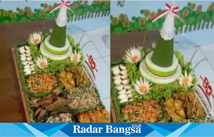 Tumpeng peringatan HUT ke-80 Republik Indonesia dari RadarBangsa turut memeriahkan suasana malam tirakatan, sebagai wujud syukur dan doa bersama untuk bangsa. (Dok Foto RadarBangsa.co.id)