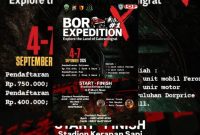 Pamflet resmi BOR-X #1 (Bangkalan Offroad Expedition) yang akan digelar pada 4–7 September 2025 di Lapangan Kerapan Sapi R.P Moch Noer Sekkep, Bangkalan. (Foto Dok Ho/RadarBangsa.co.id)