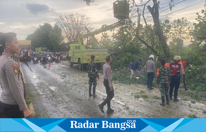 Personel Polres Lamongan bersama Polsek Sukodadi mengevakuasi pohon tumbang yang menutup jalur utama Kecamatan Sukodadi, Lamongan, Senin (20/10/2025) (Foto Dok Ho/RadarBangsa.co.id)