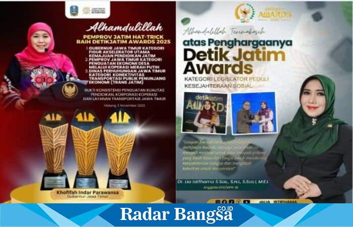 Gubernur Jawa Timur Khofifah Indar Parawansa dan Anggota DPD RI Dr. Lia Istifhama menerima penghargaan DetikJatim Awards 2025. (Foto Dok Ho/RadarBangsa.co.id)