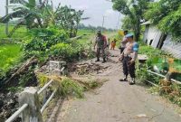 Kondisi Jembatan Desa Sewor, Kecamatan Sukorame, Lamongan, yang ambles akibat erosi dan curah hujan tinggi, dipasangi garis polisi demi keselamatan warga. (Foto Dok Ho/RadarBangsa.co.id)