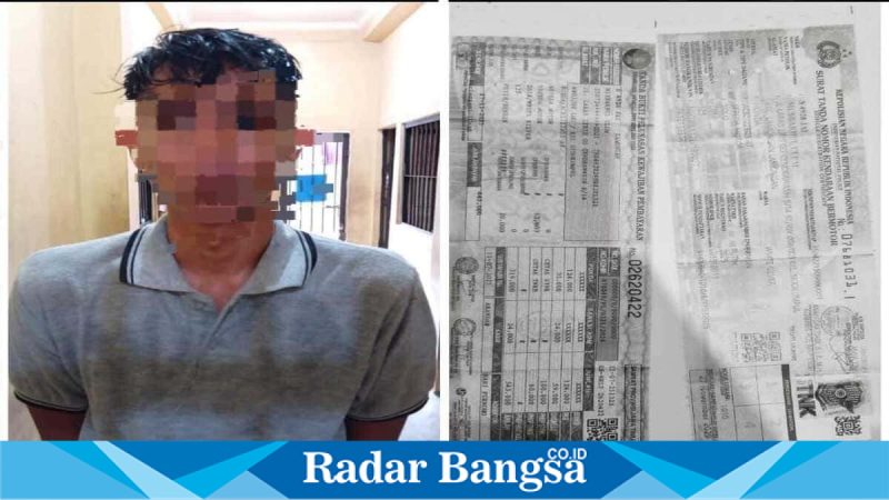Petugas Satreskrim Polres Lamongan menunjukkan pelaku dan barang bukti kasus curanmor di Mapolres Lamongan, Senin (16/2/2026). (Foto Dok Ho/Nul- RadarBangsa.co.id) 