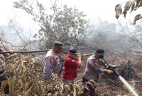 Tim gabungan dipimpin Kapolres Pelalawan memadamkan karhutla di Teluk Meranti, Sabtu (28/3/2026). (Foto Dok Ho/RadarBangsa.co.id)