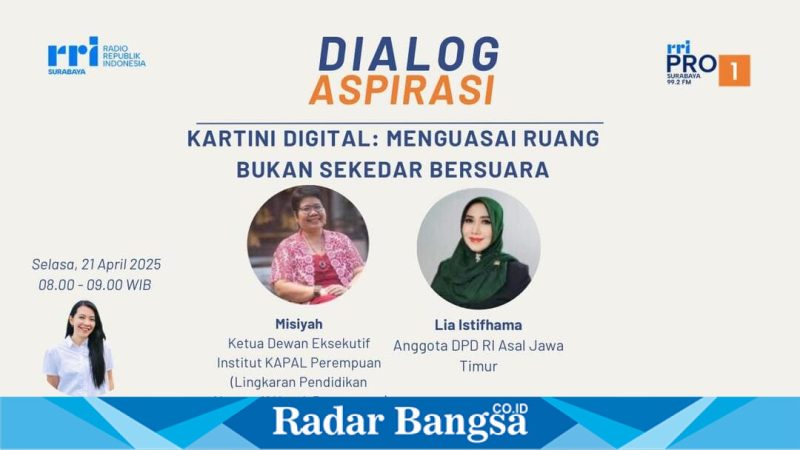 Anggota DPD RI asal Jawa Timur, Lia Istifhama, saat dialog Hari Kartini di Pro1 RRI Surabaya, Selasa (21/4/2026). (Foto Dok Ho/RadarBangsa.co.id)