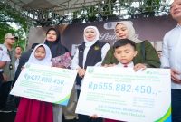 Gubernur Jatim Khofifah Indar Parawansa saat menyalurkan santunan kepada ahli waris pekerja bersama ribuan buruh dalam peringatan May Day 2026 di Surabaya, Jumat, 1 Mei 2026. (Foto Dok Ho/RadarBangsa.co.id)