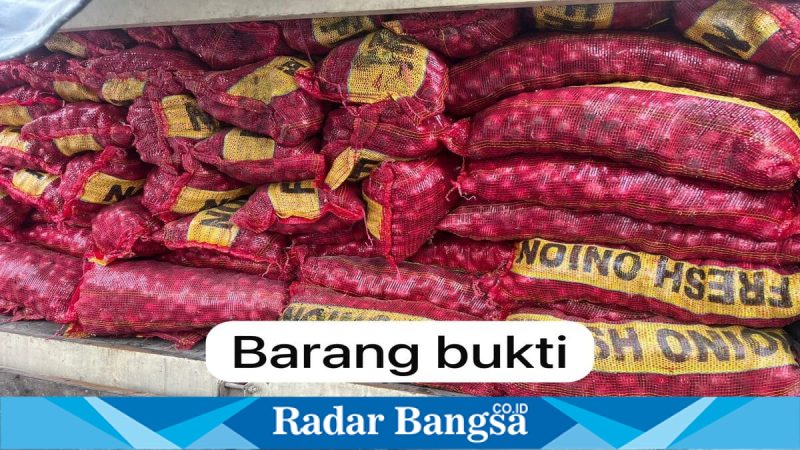 Petugas Satreskrim Polres Pelalawan menunjukkan truk dan ratusan karung bawang ilegal hasil penindakan di Teluk Meranti, Senin (4/5/2026). (Foto Dok Ho/RadarBangsa.co.id)
