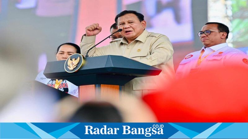 Presiden Prabowo Subianto saat menyampaikan kebijakan buruh pada May Day 2026 di Jakarta, Jumat (1/5/2026). (Foto Dok Ho/RadarBangsa.co.id)