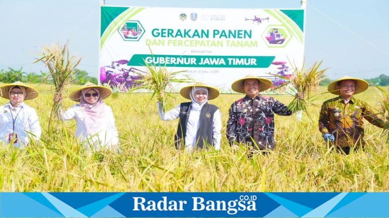 Gubernur Jawa Timur Khofifah Indar Parawansa memimpin Gerakan Panen dan Percepatan Tanam di Desa Gading, Kabupaten Madiun, Jumat (8/5/2026). (Foto Dok Ho/RadarBangsa.co.id)