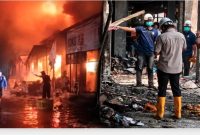 Tim Labfor Polda Jatim bersama Polres Lamongan melakukan olah TKP lanjutan kebakaran Pasar Agrobis Babat, (Foto Dok Ho/RadarBangsa.co.id)