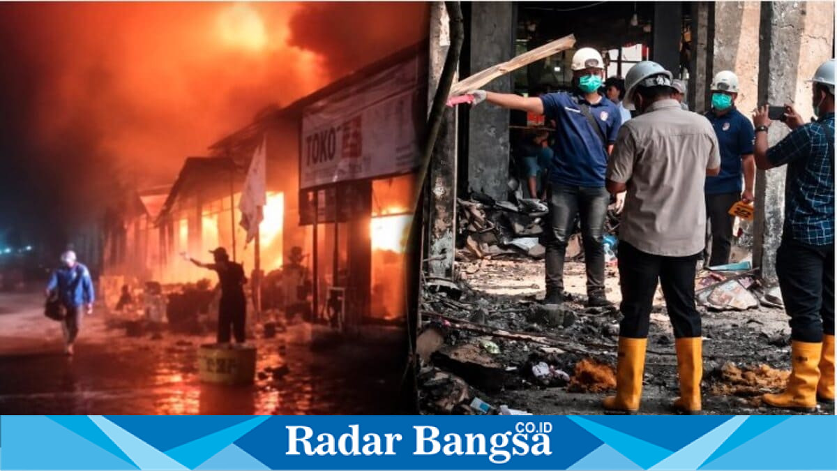 Tim Labfor Polda Jatim bersama Polres Lamongan melakukan olah TKP lanjutan kebakaran Pasar Agrobis Babat, (Foto Dok Ho/RadarBangsa.co.id)